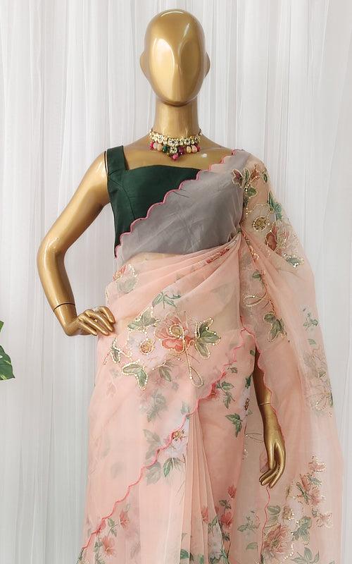 Peach Floral Sequinwork Organza Saree