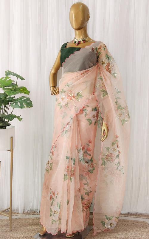 Peach Floral Sequinwork Organza Saree