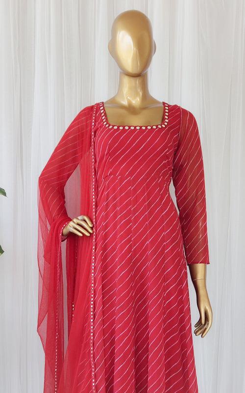 Red Mirrorwork Leheriya Georgette Anarkali