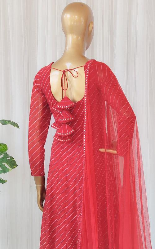 Red Mirrorwork Leheriya Georgette Anarkali