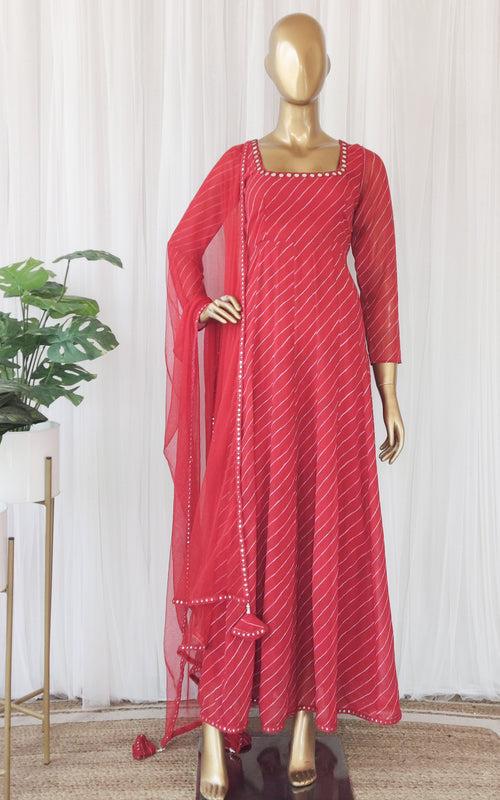 Red Mirrorwork Leheriya Georgette Anarkali