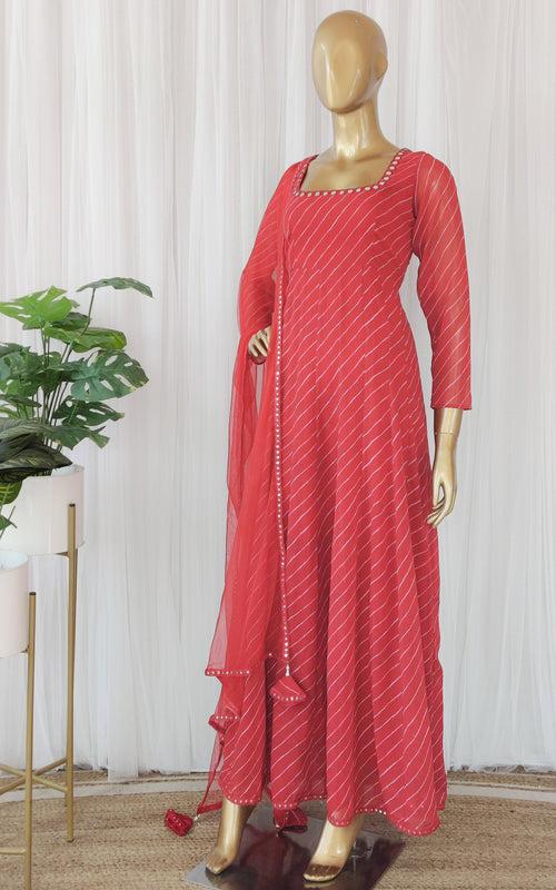 Red Mirrorwork Leheriya Georgette Anarkali