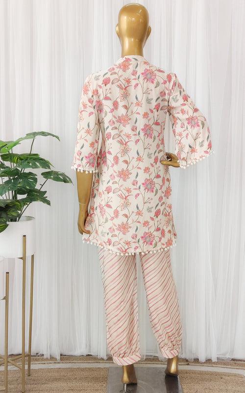 Off-White Vintage Print Mirrorwork Kurta Set