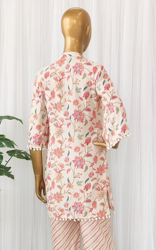 Off-White Vintage Print Mirrorwork Kurta Set