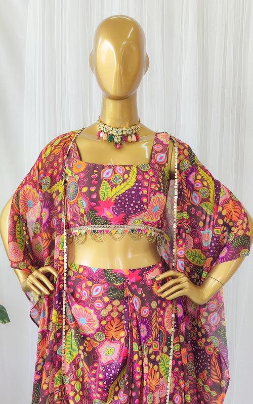 Purple Kitschy Crop-Top Draped Skirt Co-Ord Set