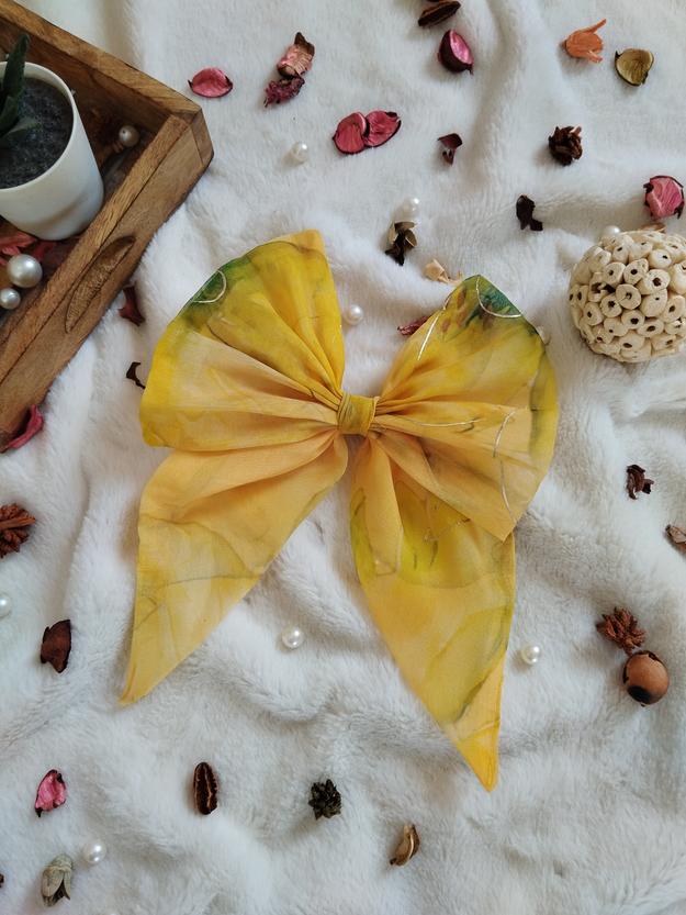 Mustard Handprinted Organza Short Bow