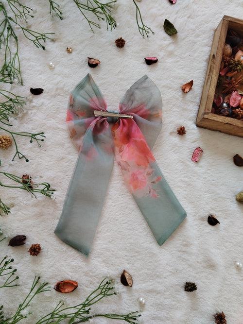 Sage Green Pink Flower Organza Long Bow