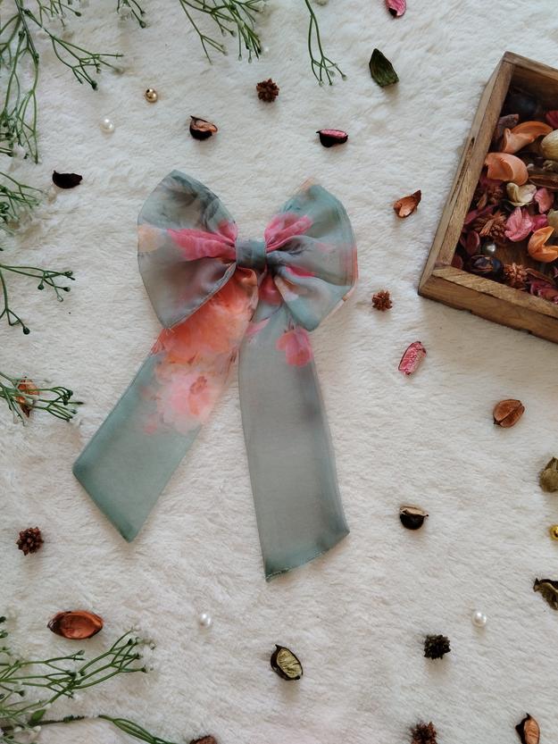 Sage Green Pink Flower Organza Long Bow