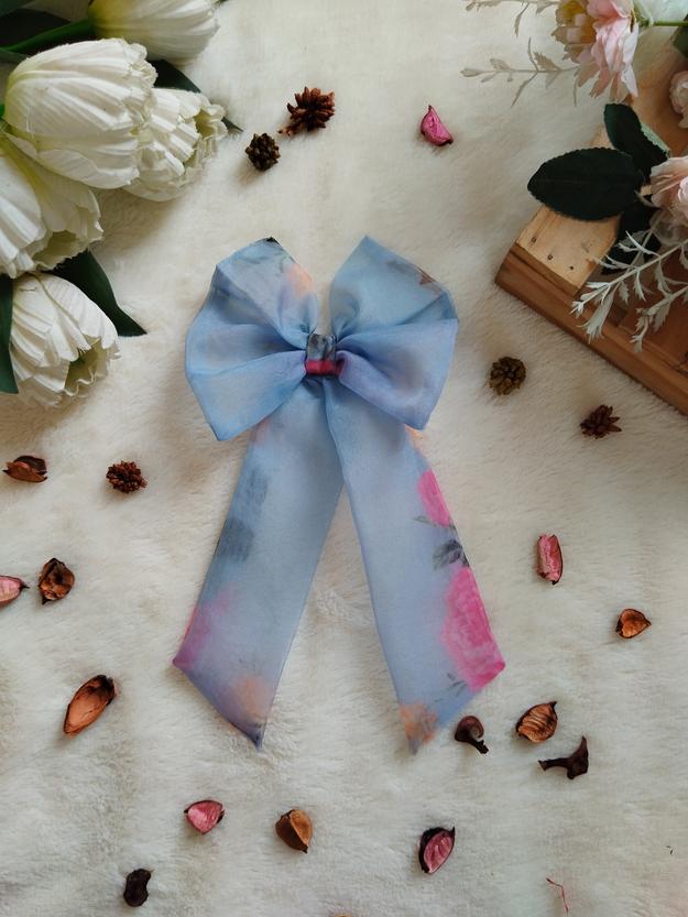 Sky Blue Pink Floral Printed Organza Long Bow