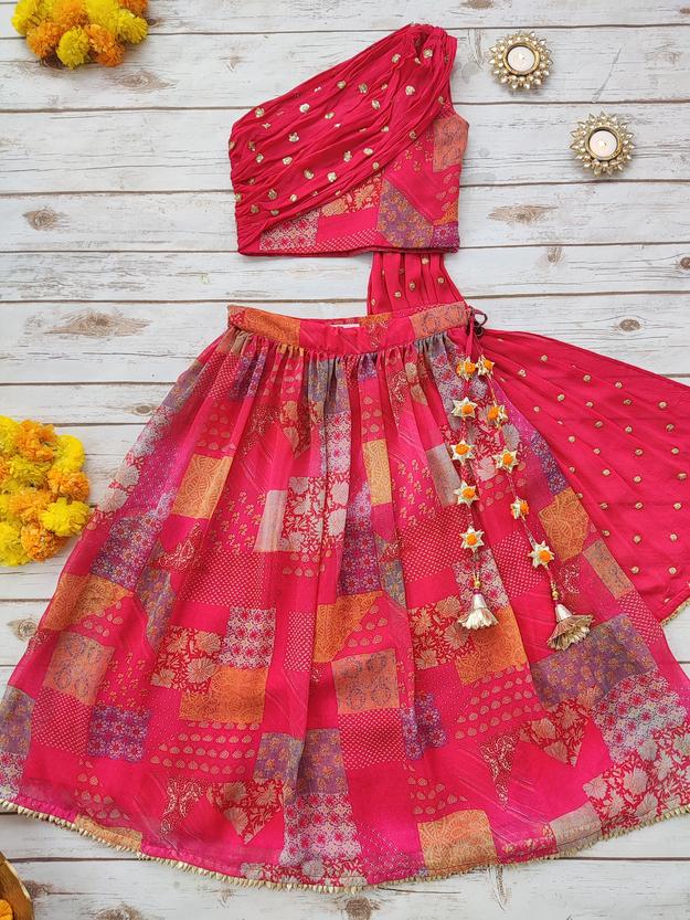 Hot Pink Georgette Kid's Lehenga With One-Shoulder Blouse