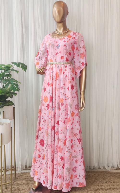 Pink Tropical Printed Jumpsuit with Belt