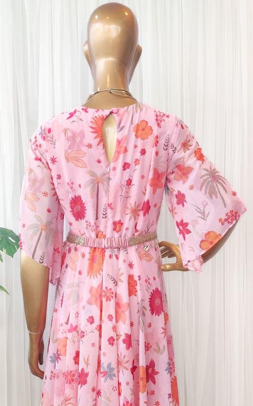 Pink Tropical Printed Jumpsuit with Belt