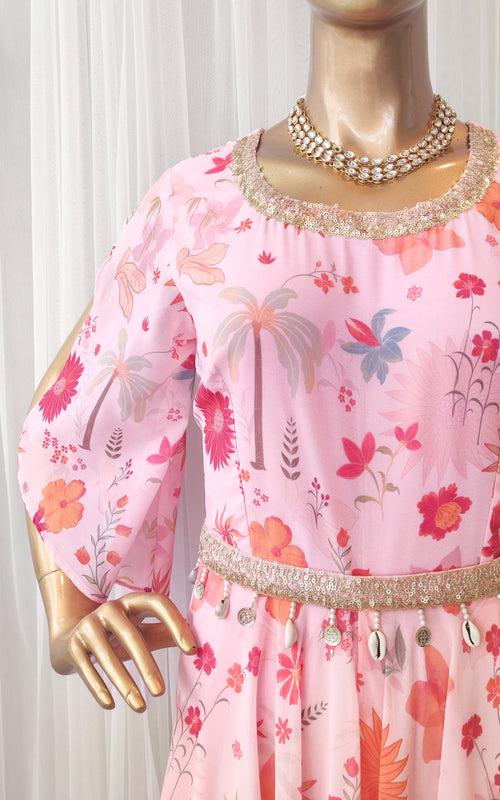 Pink Tropical Printed Jumpsuit with Belt