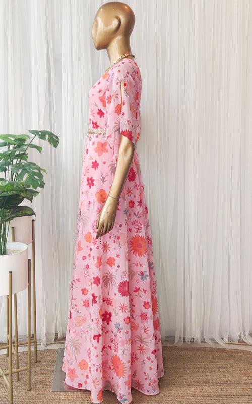 Pink Tropical Printed Jumpsuit with Belt