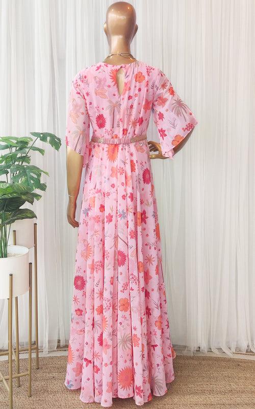 Pink Tropical Printed Jumpsuit with Belt