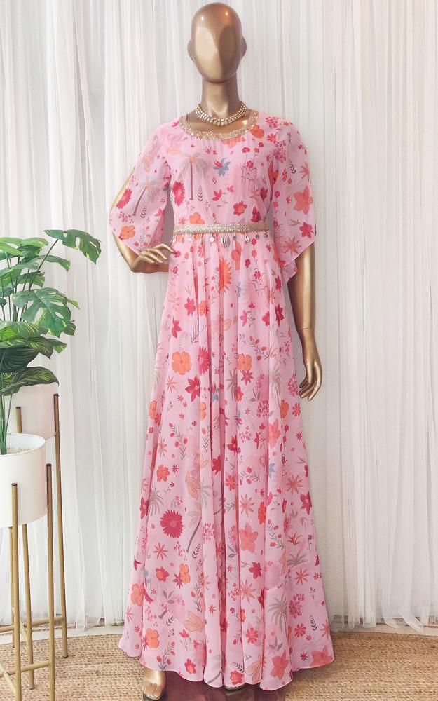 Pink Tropical Printed Jumpsuit with Belt