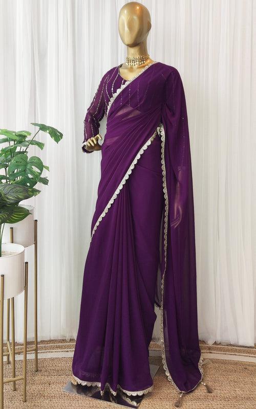 Purple Georgette Zari Work Saree