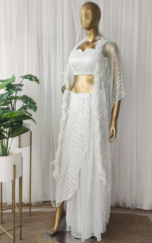 White Shimmer Draped Skirt Co-Ord Set