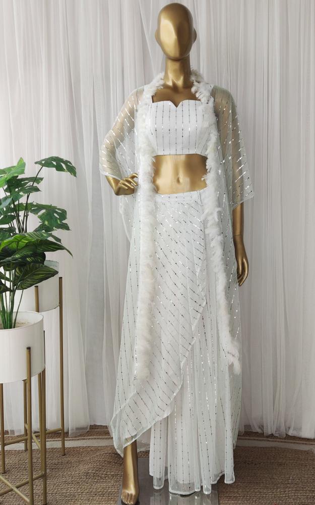 White Shimmer Draped Skirt Co-Ord Set