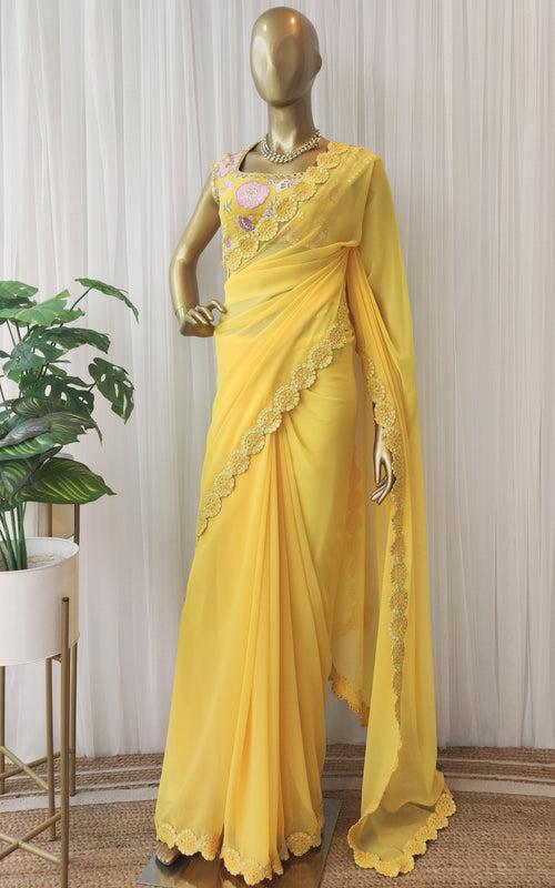 Yellow Mirrorwork Georgette Saree