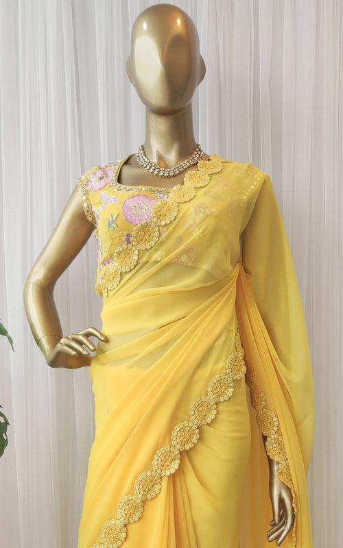 Yellow Mirrorwork Georgette Saree