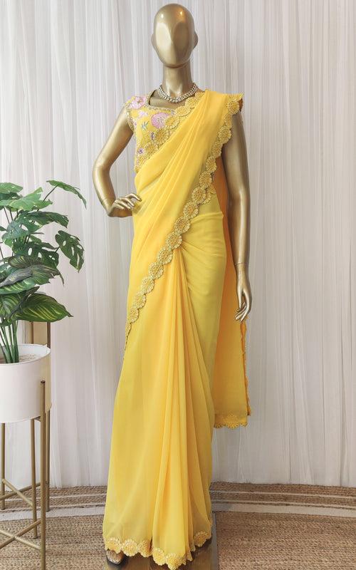 Yellow Mirrorwork Georgette Saree