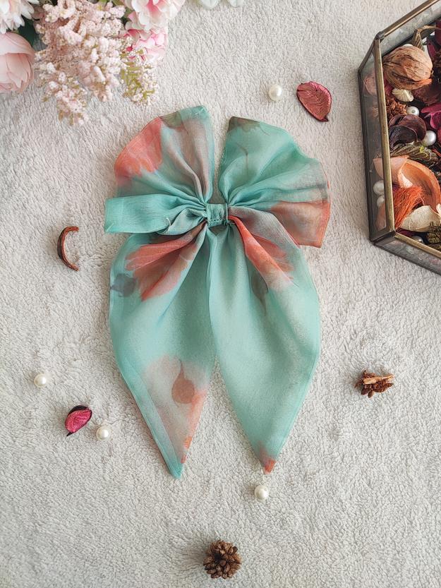 Sea Foam Green Floral Organza Short Bow