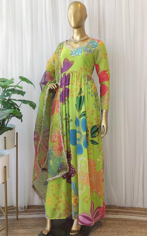 Green Multi Color Floral Print Anarkali