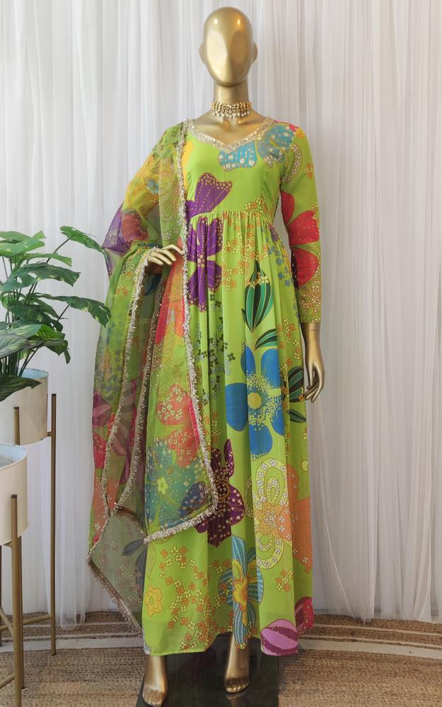 Green Multi Color Floral Print Anarkali