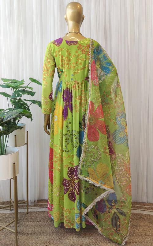 Green Multi Color Floral Print Anarkali