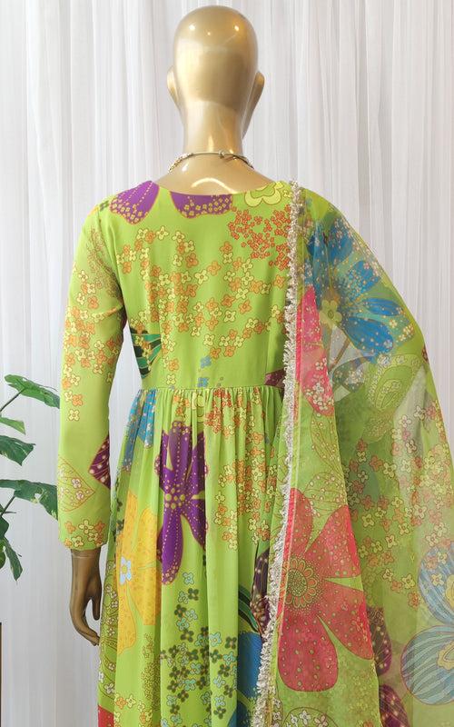 Green Multi Color Floral Print Anarkali