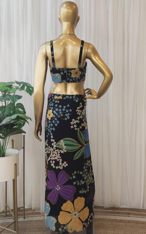 Black Floral Multicolor Crop Top & Draped Skirt Co-ord Set