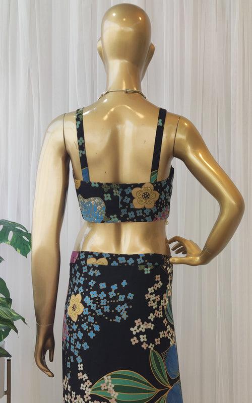 Black Floral Multicolor Crop Top & Draped Skirt Co-ord Set