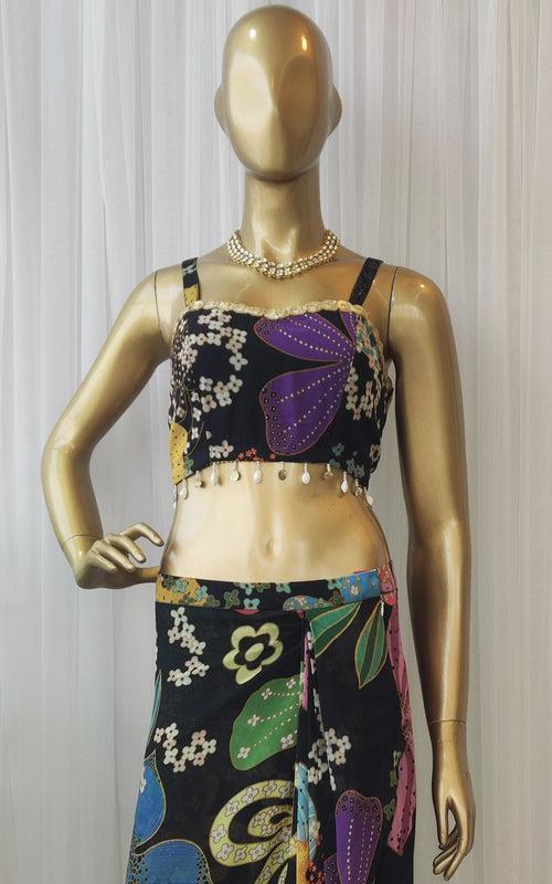 Black Floral Multicolor Crop Top & Draped Skirt Co-ord Set