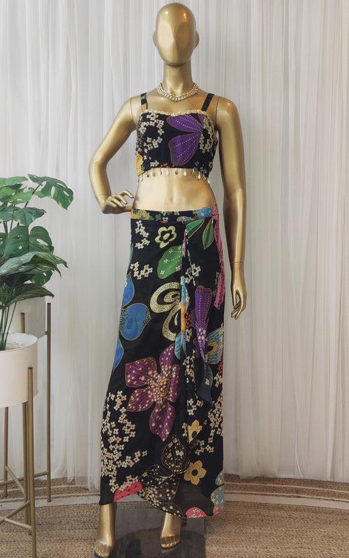 Black Floral Multicolor Crop Top & Draped Skirt Co-ord Set