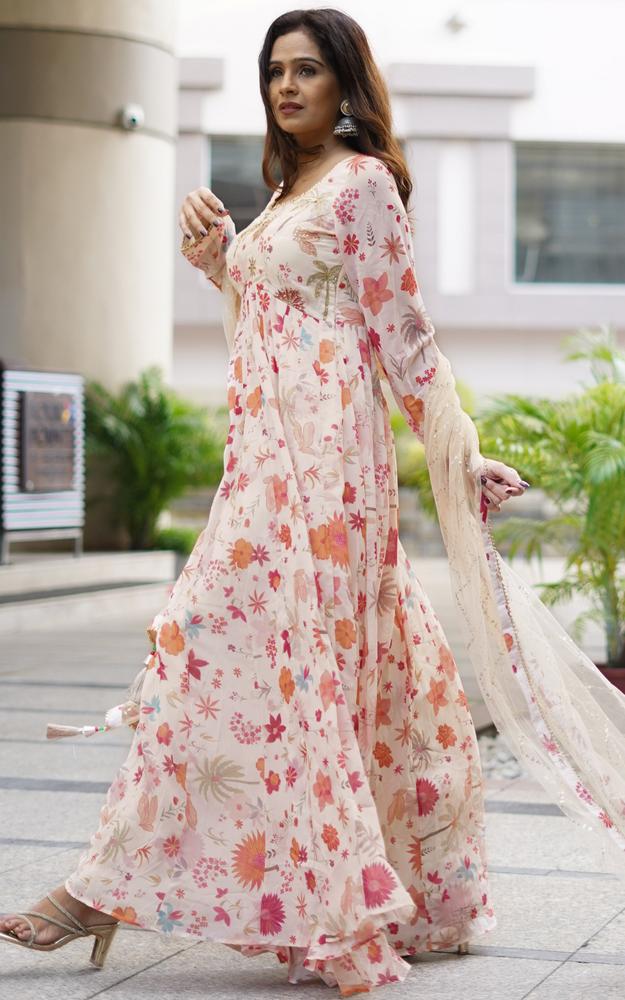 Fenil Ecru Tropical Print Georgette Anarkali