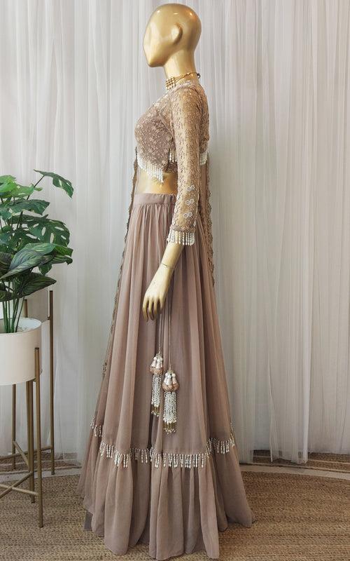 Taupe Lace & Pearl Work Georgette Lehenga