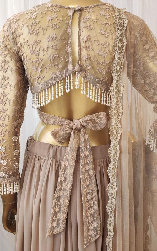 Taupe Lace & Pearl Work Georgette Lehenga