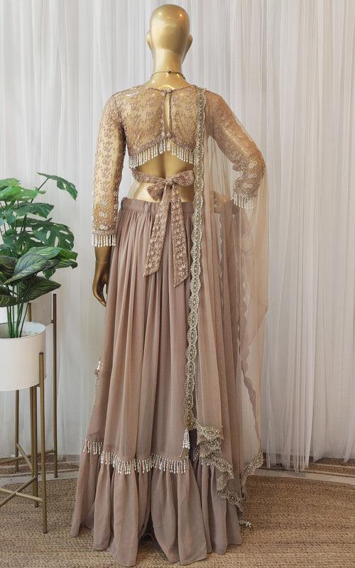 Taupe Lace & Pearl Work Georgette Lehenga