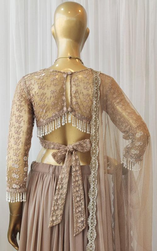 Taupe Lace & Pearl Work Georgette Lehenga