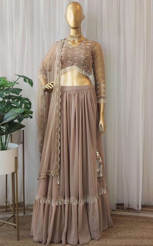 Taupe Lace & Pearl Work Georgette Lehenga