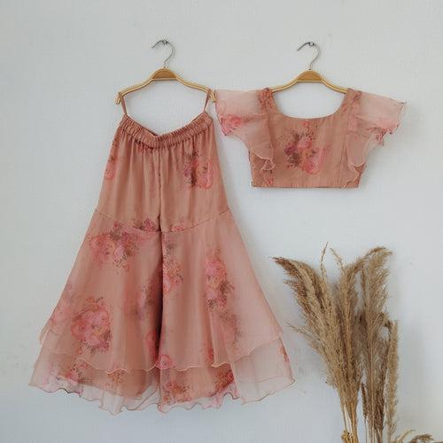 Dusty Pink  Floral Organza Crop-Top Kids Sharara Set