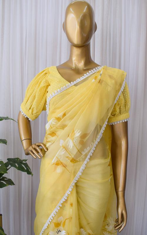 Macaroon Yellow Handpainted Organza Saree