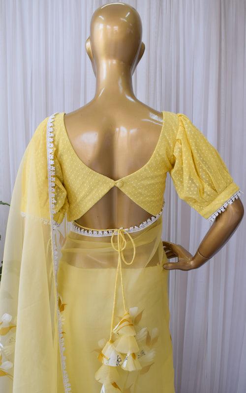 Macaroon Yellow Handpainted Organza Saree