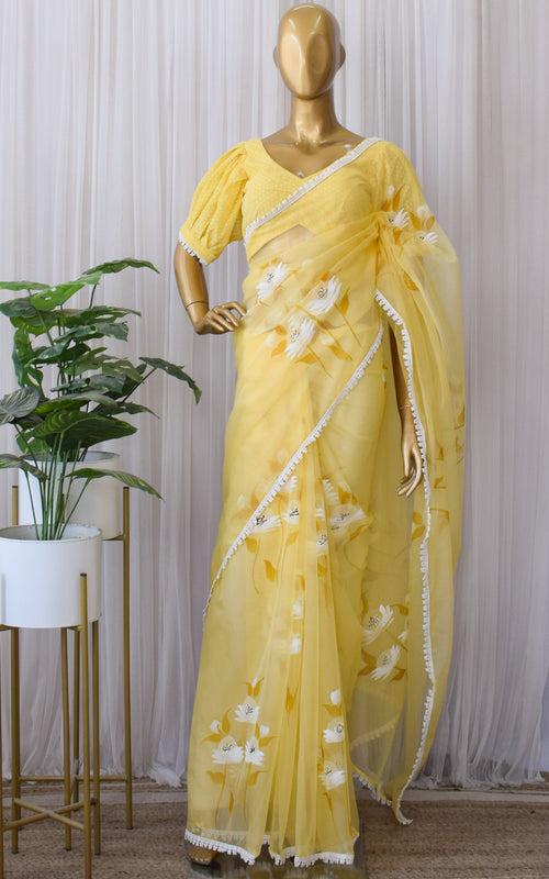 Macaroon Yellow Handpainted Organza Saree