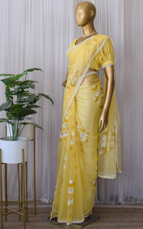 Macaroon Yellow Handpainted Organza Saree