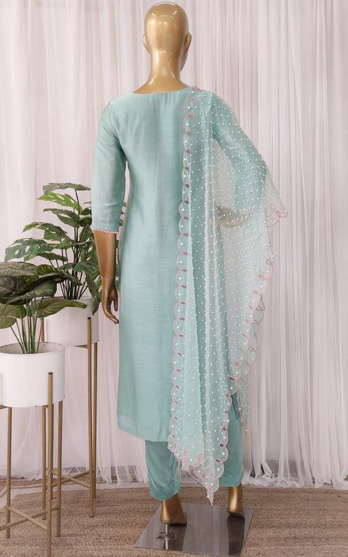 Aqua Kurta Set with Pearl Work Organza Cutwork Dupatta