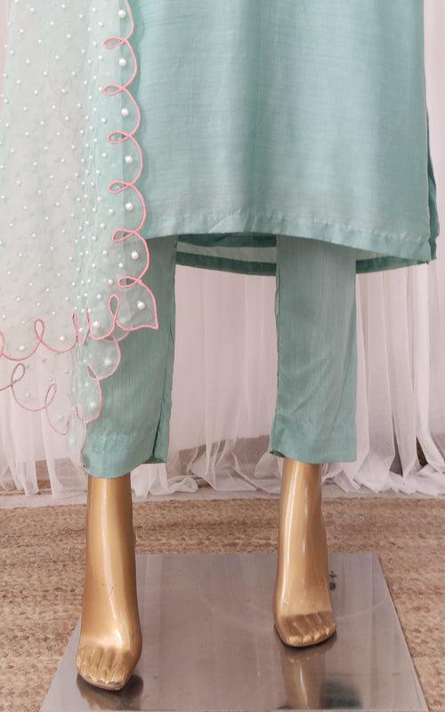 Aqua Kurta Set with Pearl Work Organza Cutwork Dupatta