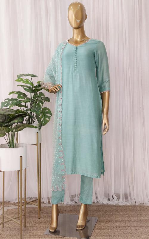 Aqua Kurta Set with Pearl Work Organza Cutwork Dupatta