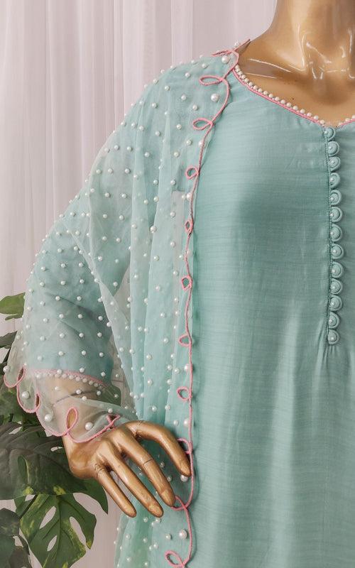 Aqua Kurta Set with Pearl Work Organza Cutwork Dupatta